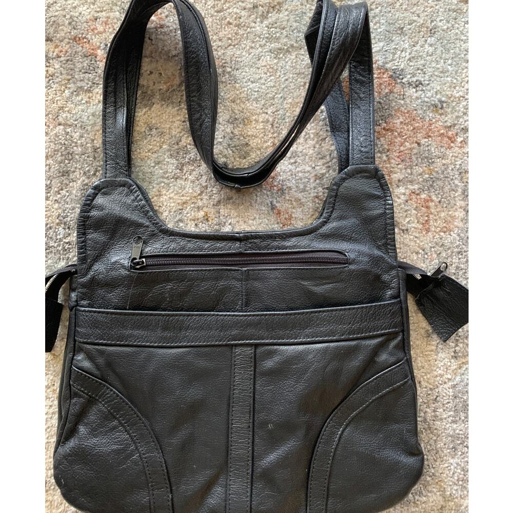 Geniune Black Leather Over the Shoulder Bag 3 Compartments Zipper Closures